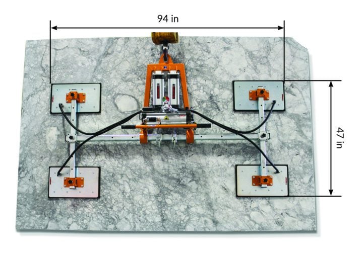 Dimensions for BACA's 4-pad vacuum stone lifter (94 inches by 47 inches)