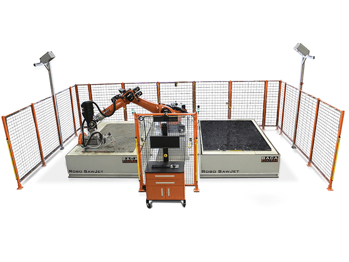 A full layout showcasing the Robo Sawjet 2.0's robotic arm and dual table. The setup is surrounded by safety fencing and sensors.