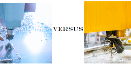 A CNC router on one side and a waterjet machine on the other. The word "versus" is in between the two.