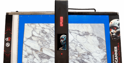 Front view of the BACA Systems 21K Slab Scanner with a marble slab positioned for scanning.