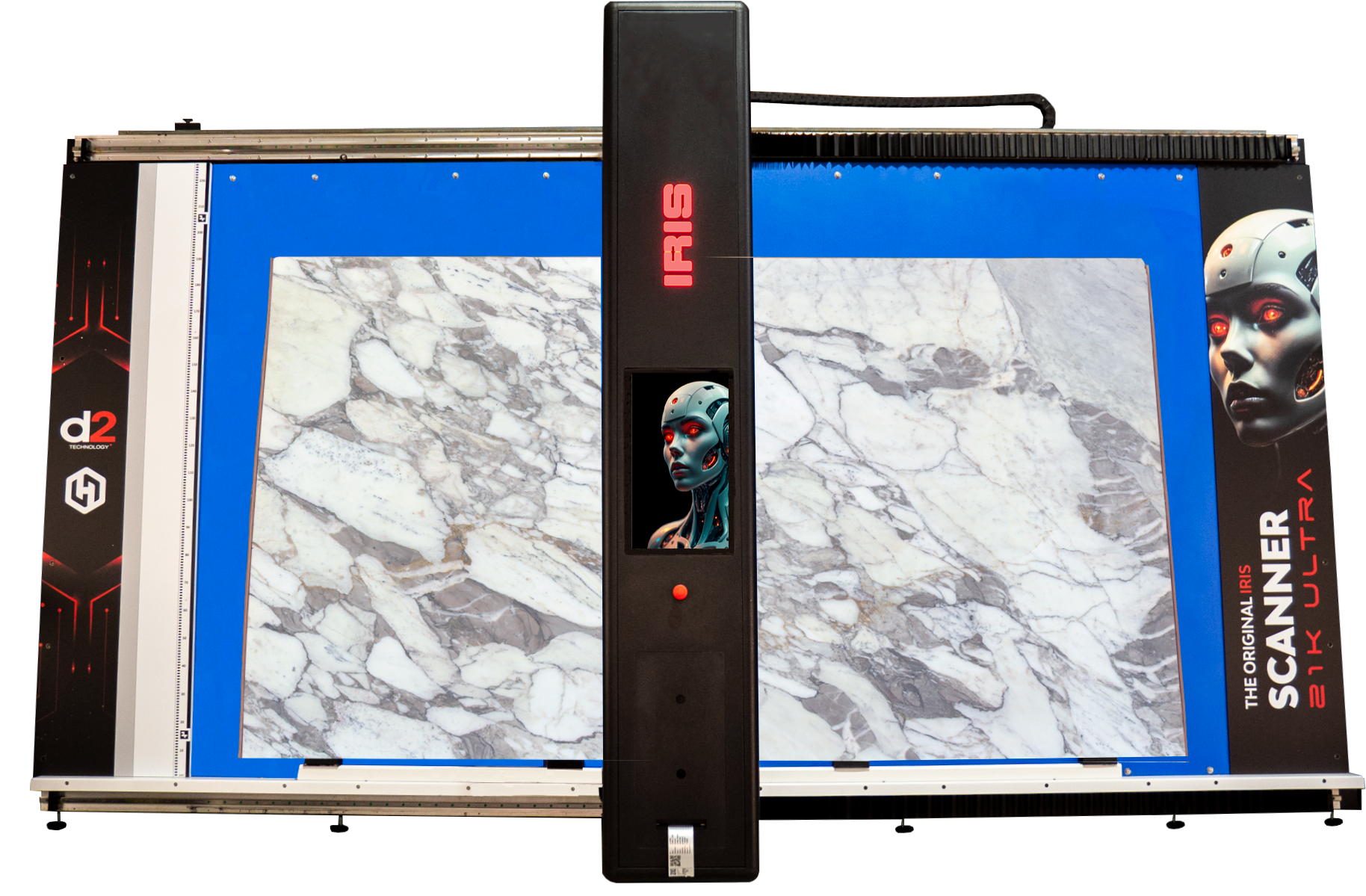 Front view of the BACA Systems 21K Slab Scanner with a marble slab positioned for scanning.