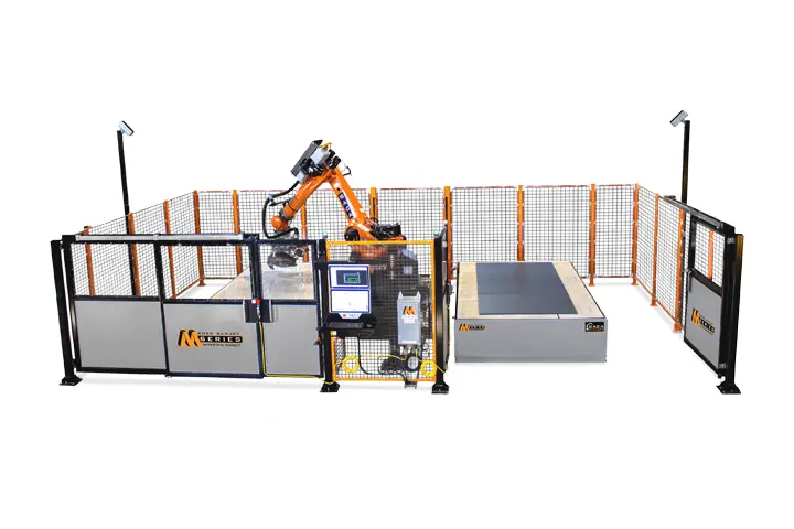 Enclosed guarding system around BACA Systems’ M Series Robo SawJet, which minimizes silica exposure for operators from stone debris.