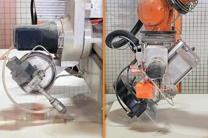 Close up split picture of Saw & waterjet for M Series Robo SawJet for stone fabrication with miter 