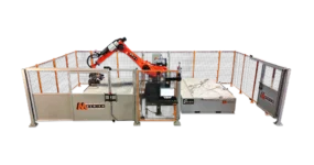 BACA Robo SawJet M Series 240 Dual Table cutting quartzite slab at headquarters with right door open