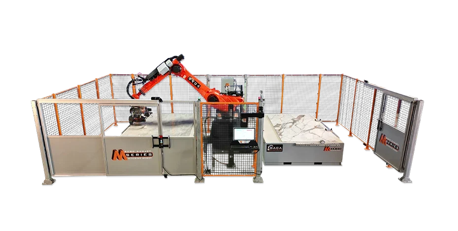 BACA Robo SawJet M Series 240 Dual Table cutting quartzite slab at headquarters with right door open
