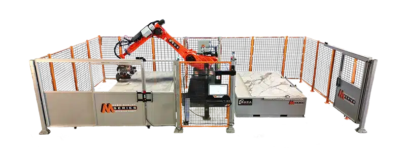 M Series 240 Dual Table system mitering quartzite slab while right door is open