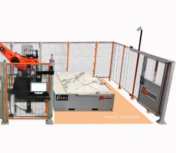 BACA Robo SawJet M Series 240 waterjet cutting table with three-sided access for fast slab loading and unloading