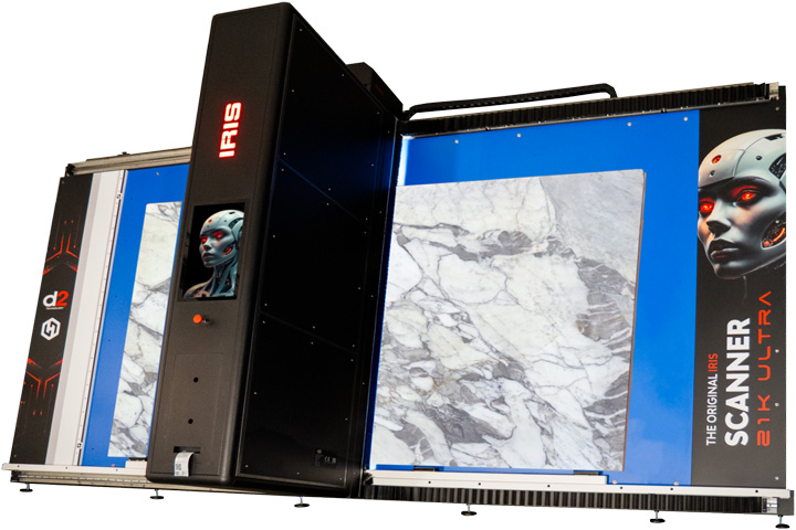 Side view of the BACA Systems 21K Slab Scanner scanning a stone slab 
