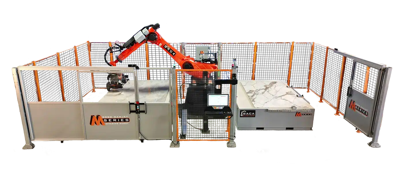 BACA Robo SawJet M Series 240 Dual Table cutting quartzite slab at headquarters with right door open