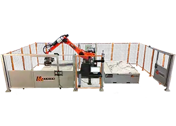 BACA Robo SawJet M Series 240 Dual Table cutting quartzite slab at headquarters with right door open