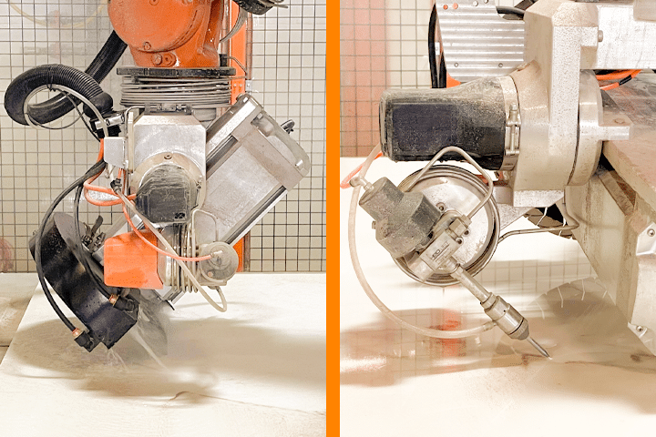 BACA Robo SawJet M Series 240 Dual Table performing saw mitering and waterjet mitering on stone countertop 