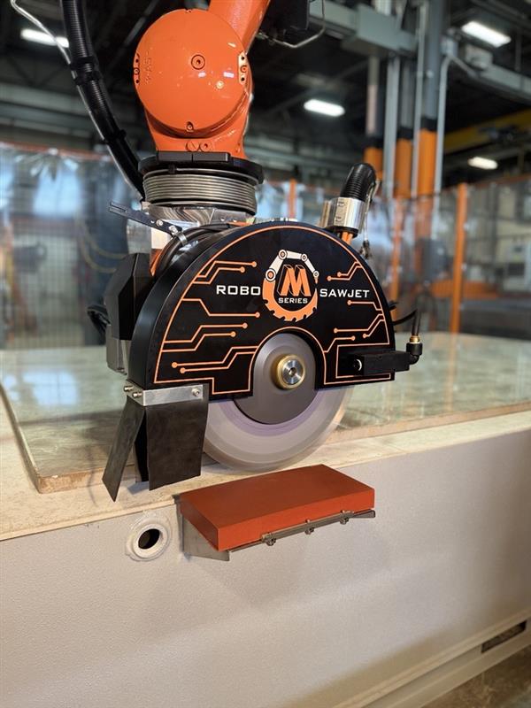 BACA Robo SawJet M Series 240 blade sharpening at Dressing Station attached to waterjet cutting table 