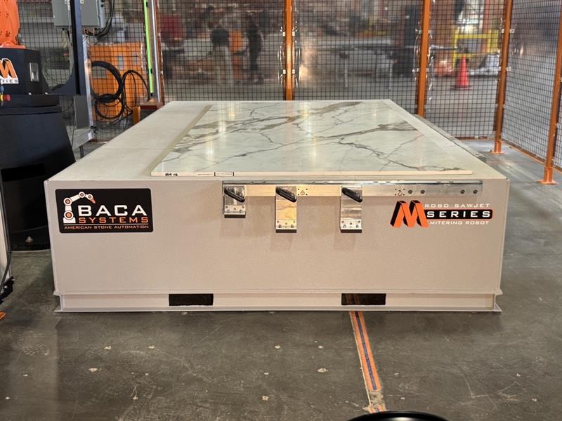  BACA Robo SawJet M Series cutting table with porcelain slab and hard stops for part location 