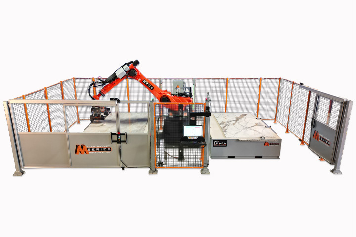 BACA Robo SawJet M Series 240 Dual Table cutting quartzite slab with right door open at headquarters 